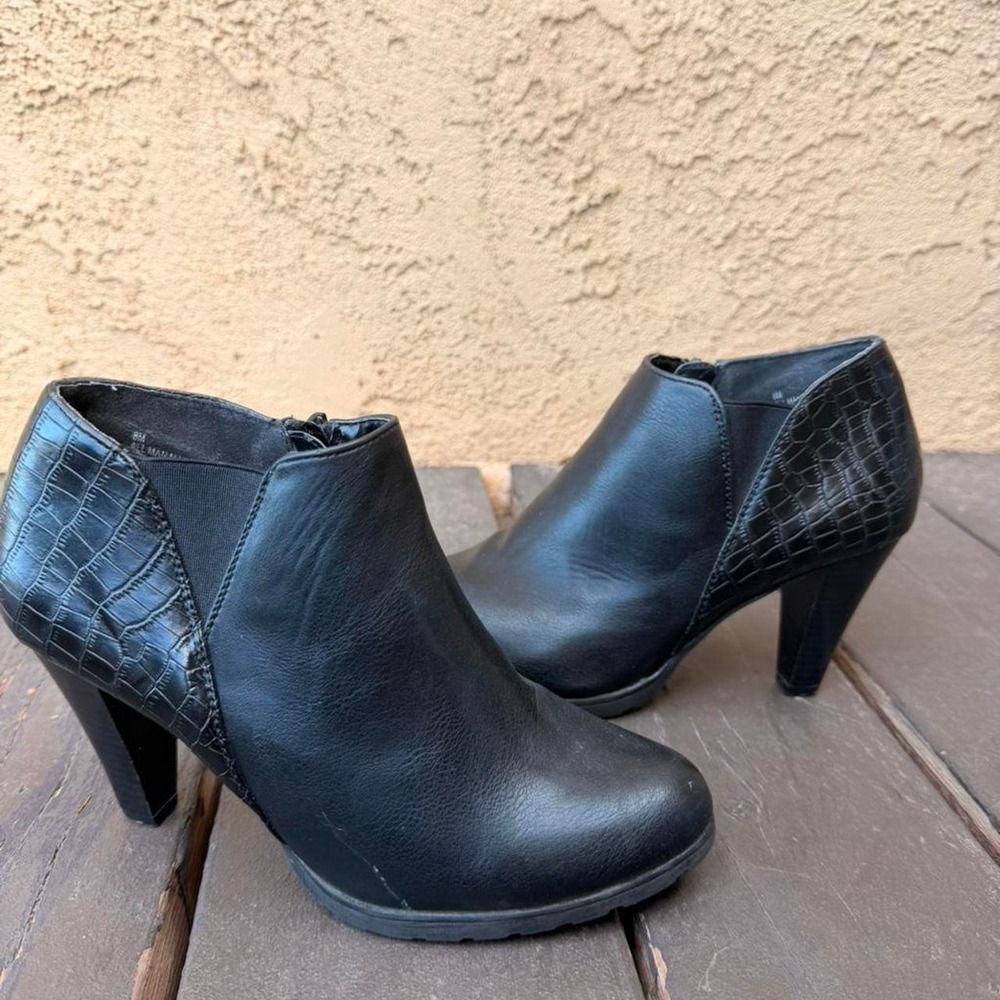 Black heel ankle boots with croc print